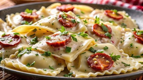Close-up shot of alfredo gratin sauce drizzled over a serving of ravioli filled with salami and mozzarella cheese, with a sprinkle of parmesan on top , ravioli, parmesan