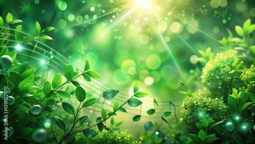 Emeralds glowing softly in harmony with orchestral music, amidst lush green foliage, instrumental , nature