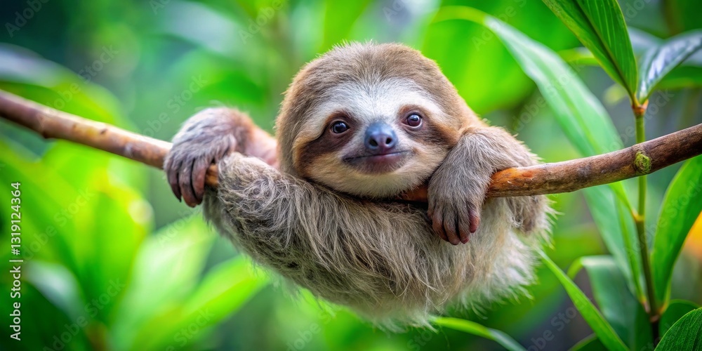 A baby sloth clings to a branch in a lush, vibrant rainforest environment, its expressive eyes gazing directly at the camera. A baby sloth clings to a branch in a lush, vibrant rainforest environment, its expressive eyes gazing directly at the camera.