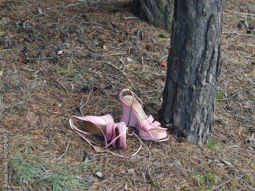 Obraz na plátně Pink women's shoes left in the forest. Sandals