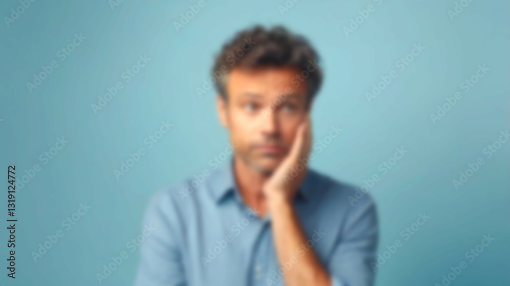 Obraz premium Blurred background portraying a pensive individual, enhanced by a light blue backdrop inspiring mindfulness and creativity