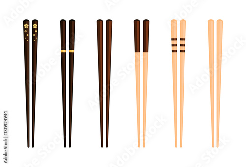 Set of wood and bamboo chopsticks (hashi). Asian, Chinese, Japanese, Korean, Taiwanese, Tibetan, Vietnamese eating utensils, tableware concept. Flat vector illustration isolated on white background