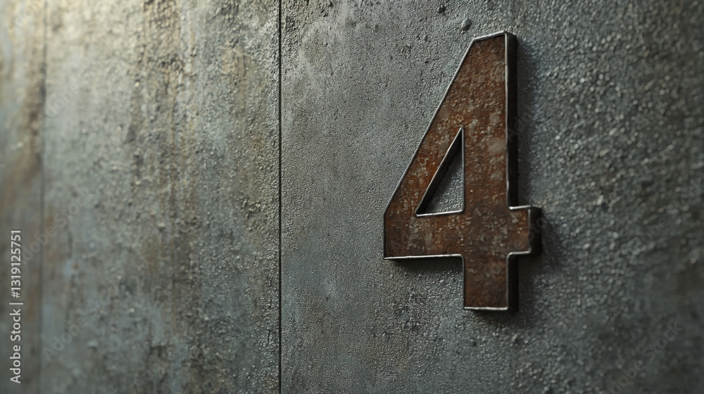 rusty metallic number four on textured wall surface