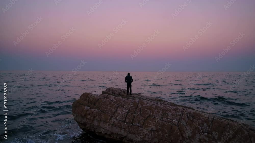 Silhouette of person standing on rocky shore at sunset over calm sea, solitude concept Silhouette of person standing on rocky shore at sunset over calm sea, solitude concept