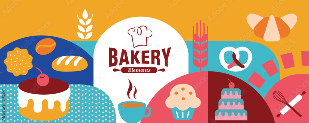 Naklejka premium Geometric Bakery Background, icons and elements for poster, banner, cover design, restaurant cafe, food menu. Hand drawn illustration. 