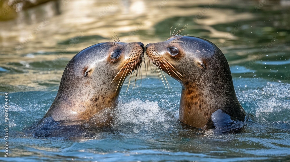 Fototapeta premium Two sea lions diving and playing in the ocean, their shiny bodies reflecting the sunlight as they glide through the water