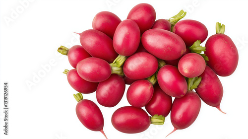 Fresh oval radishes displaying pink red skin and green tops clustered together, highlighting crisp vegetables on minimalist white surface