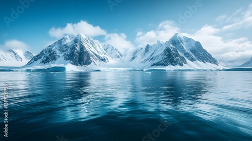 Wallpaper Mural Majestic snow-capped mountains meet calm ocean waters in coastal alpine scenery, featuring jagged peaks with fresh snow, wispy clouds around summits, glaciers reaching turquoise sea  Torontodigital.ca