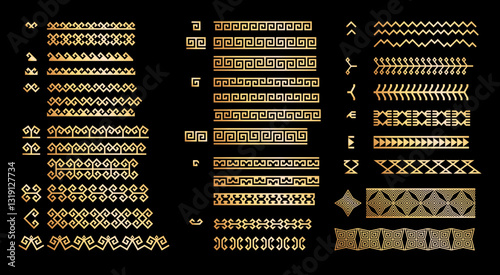 Vector set of golden ornaments in Kazakh style. Traditional pattern for decoration of textile, household items. Elements of the national decor of the ancient nomads of the Kazakhs, Kyrgyz, Mongols