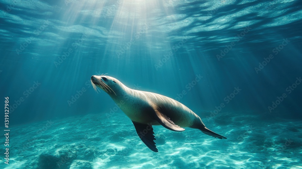Obraz premium A sea lion swimming near the ocean's surface, its body slicing through the water with ease, while beams of sunlight pierce through the depths
