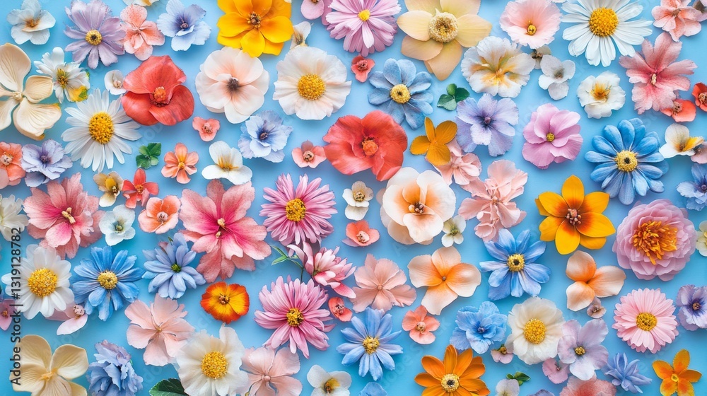 A flat lay of vibrant, multicolored flowers arranged in a symmetrical pattern on a soft pastel blue background, evoking a cheerful spring vibe. A flat lay of vibrant, multicolored flowers arranged in a symmetrical pattern on a soft pastel blue background, evoking a cheerful spring vibe.