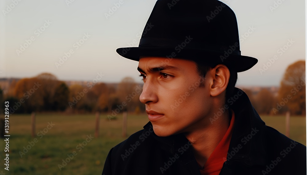 Profile Portrait of a Young Man in a Black Hat Outdoors at Sunset Profile Portrait of a Young Man in a Black Hat Outdoors at Sunset