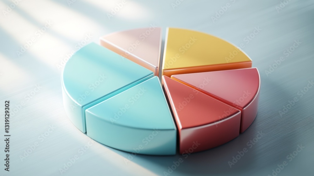 Fototapeta premium A professional D pie chart with metallic-colored segments on a muted background, showcasing business-related data.