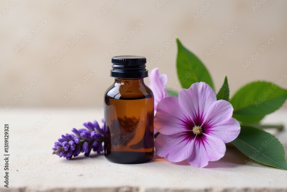 Amber bottle of lavender oil, fresh blooms on pale stone surface , stone table, beauty, image Amber bottle of lavender oil, fresh blooms on pale stone surface , stone table, beauty, image