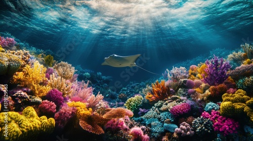 Wallpaper Mural A tranquil underwater landscape with a lone stingray soaring above the seabed, its silhouette contrasting against the vivid hues of the coral reef Torontodigital.ca