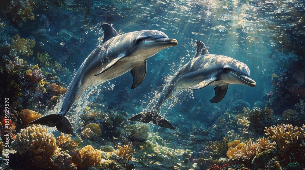 Fototapeta premium Graceful Dolphins Swimming Near a Coral Reef in Sunlit Waters