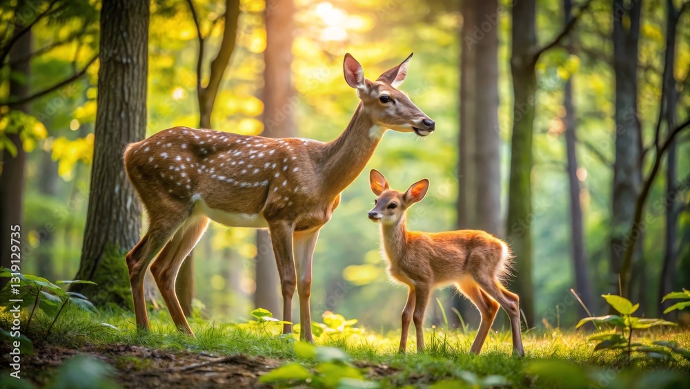 A Spotted Deer Doe and Her Fawn Bask in the Golden Sunlight of a Lush Forest