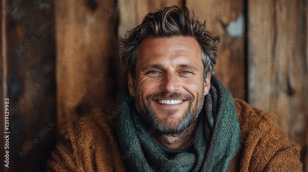 A cheerful bearded man enjoying a rustic setting, wrapped in a cozy shawl, symbolizing comfort, happiness, and a connection to nature in a charming environment. A cheerful bearded man enjoying a rustic setting, wrapped in a cozy shawl, symbolizing comfort, happiness, and a connection to nature in a charming environment.
