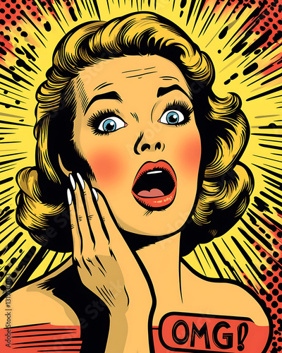 Shocked woman with OMG text in comic book style.