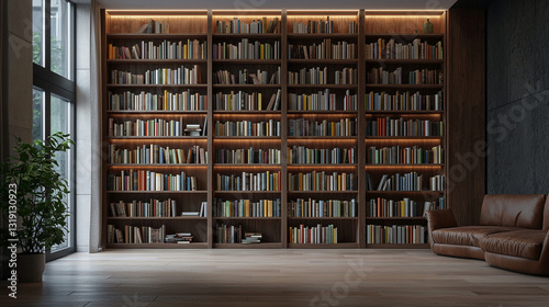 modern library interior with leather sofa and bookshelves
