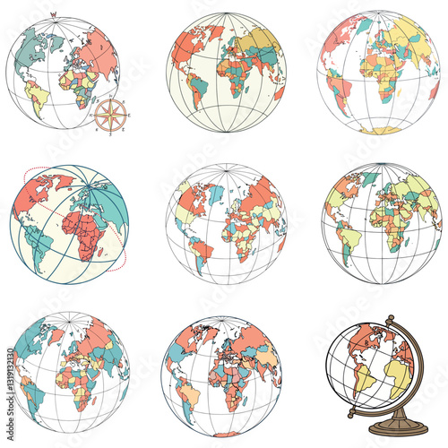 World globe maps set. Europe, Asia, America, Oceania globe maps.