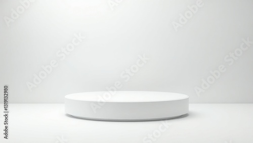 Elegante plataforma de acrílico blanco con un acabado de alto brillo, sobre un fondo blanco impecable y sin costuras, que evoca una sensación de modernidad
 photo