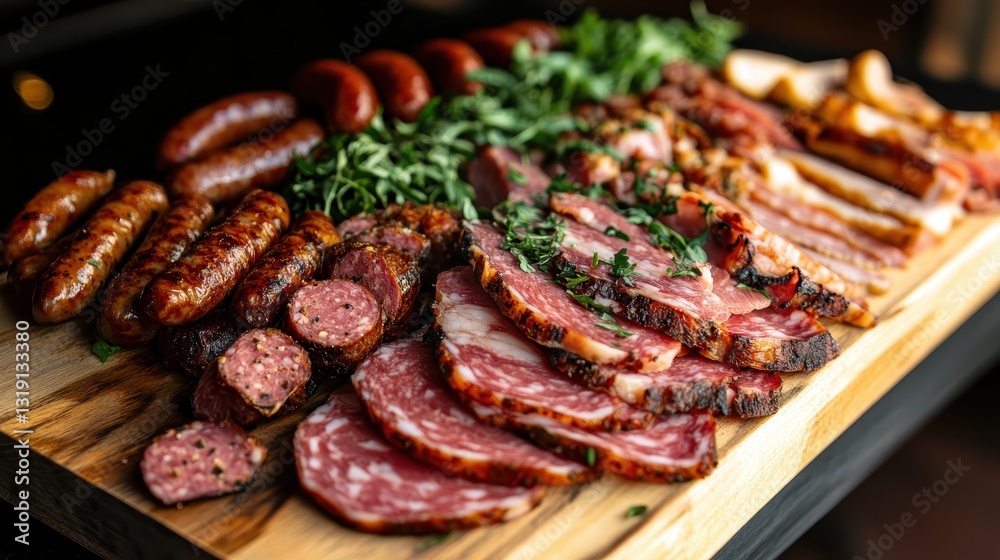 An artistic display of various meats, complemented by fresh greens, arranged on a wooden platter, inviting guests to savor the delightful combinations and textures. An artistic display of various meats, complemented by fresh greens, arranged on a wooden platter, inviting guests to savor the delightful combinations and textures.