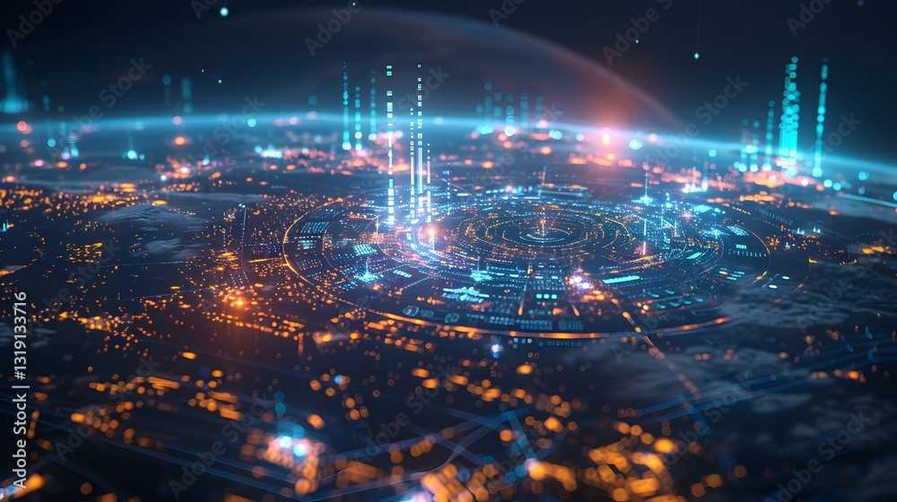 Fototapeta premium Futuristic Digital Background with Neon Blue and Orange Lights