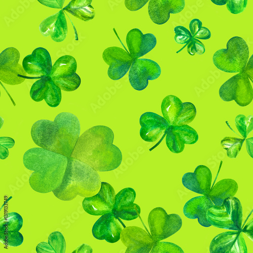 Seamless watercolor pattern for St Patrick's day, shamrocks and a four leaf clover, abstract background texture, hand drawn illustration, on green