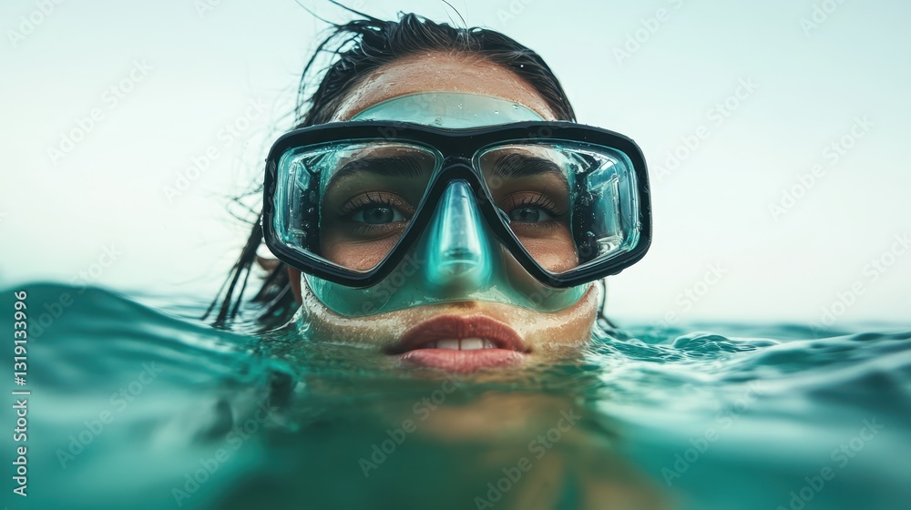 Naklejka premium A woman with a snorkeling mask floating on the water’s surface, radiating calmness while captivating the viewer with her peaceful and introspective look above the tranquil sea.