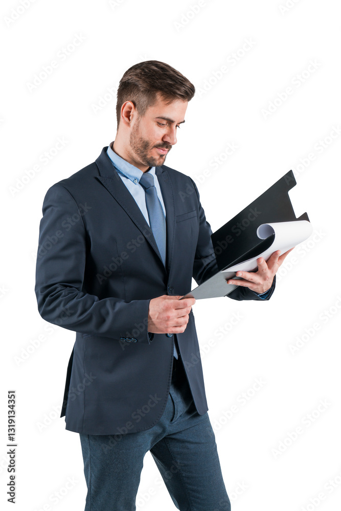 Confident businessman in suit reviewing documents in a folder, isolated on white background. Professional office work and corporate concept Confident businessman in suit reviewing documents in a folder, isolated on white background. Professional office work and corporate concept