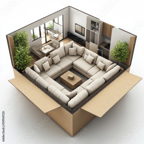 a nice living room in an open cardboard box 