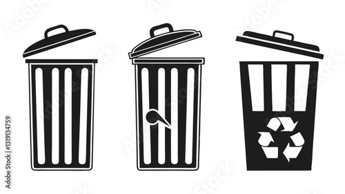 "Set of Black and White Trash Bin Icons – Garbage Can, Waste Disposal, Recycling Symbols, and Litter Management Illustrations for Eco-Friendly Design"

