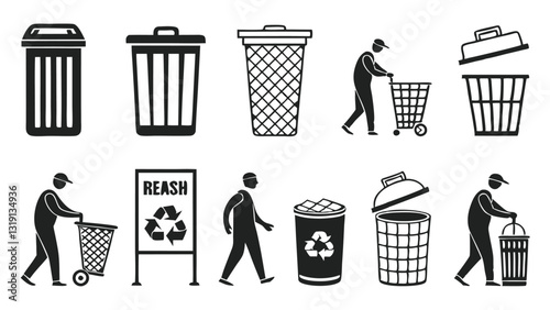 "Set of Black and White Trash Bin Icons – Garbage Can, Waste Disposal, Recycling Symbols, and Litter Management Illustrations for Eco-Friendly Design"
