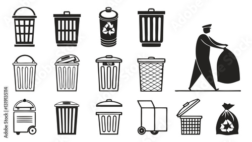"Set of Black and White Trash Bin Icons – Garbage Can, Waste Disposal, Recycling Symbols, and Litter Management Illustrations for Eco-Friendly Design"
