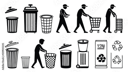 "Set of Black and White Trash Bin Icons – Garbage Can, Waste Disposal, Recycling Symbols, and Litter Management Illustrations for Eco-Friendly Design"
