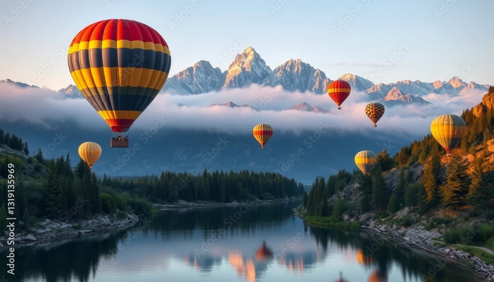 Fototapeta premium Serene Aerial View of Hot Air Balloons Soaring Over a Picturesque Mountain Lake at Dawn