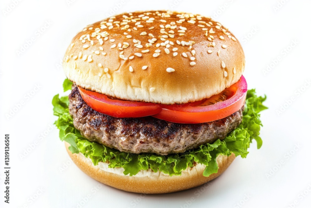 Juicy hamburger on white background, food photography, isolated object, culinary concept Juicy hamburger on white background, food photography, isolated object, culinary concept