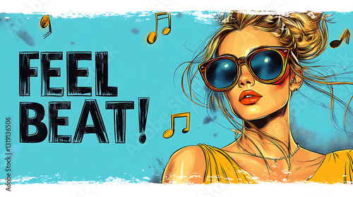 Stylish woman wearing sunglasses, enjoying music, a vibrant feel-good banner.