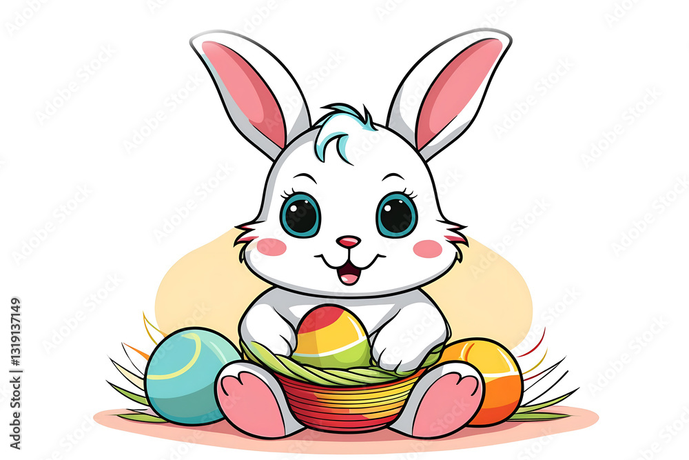 An adorable cartoon bunny is joyfully surrounded by a variety of colorful Easter eggs, ideal for holiday themes