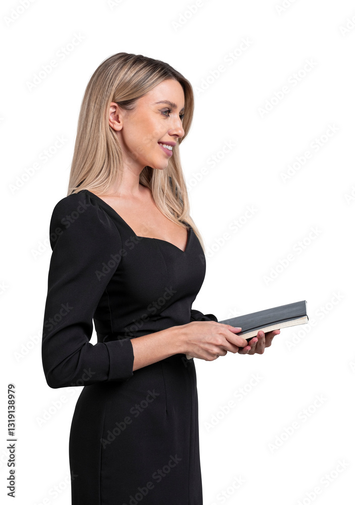 Woman in an elegant dress holding a book, smiling, isolated on a white background. Concept of education, knowledge, and sophistication Woman in an elegant dress holding a book, smiling, isolated on a white background. Concept of education, knowledge, and sophistication