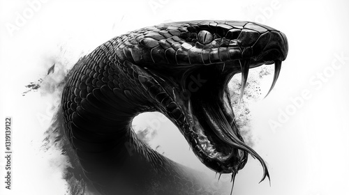 drawing illustration black and white snake with open mouth ready to attack, on white background, isolated on white