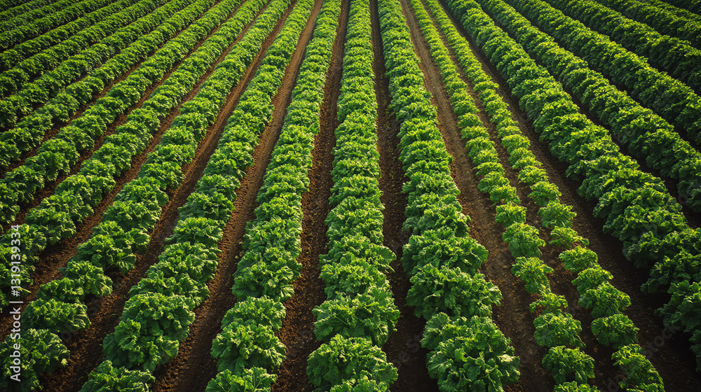 Fototapeta premium Vibrant green rows of crops in a sunlit field showcase natural agriculture.