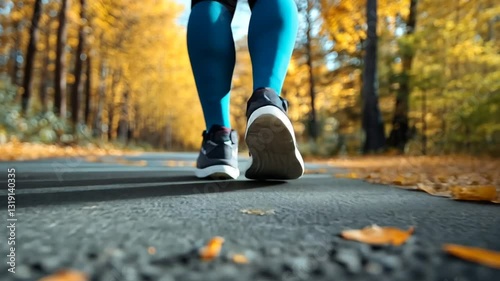Legs in sports leggings run along asphalt in a park in autumn close up view
