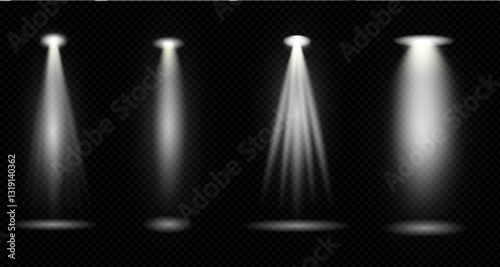Glow effect with white rays and beams. Scene floodlight spotlight stage beam. Abstract light from a lamp or spotlight on a transparent background. Illuminated scene. Vector illustration. PNG