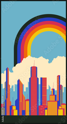 Modern City 1980s Style Poster, Vintage Color Stripes, Cityscape Background. 80s Colors and Shapes