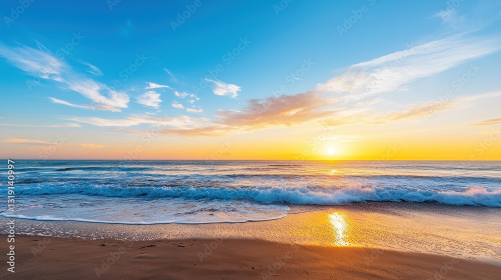 Obraz premium Vibrant Sunset Over Tranquil Ocean Waves at the Horizon