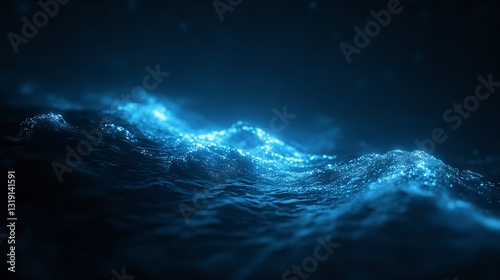A Serene Ocean Of Shimmering Blue Light At Night, Gently Undulating Waves Creating A Tranquil Dreamscape Under A Dark Sky