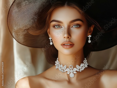 a luxurious woman showcasing shimmering jewelry necklace of diamonds minimalist backdrop