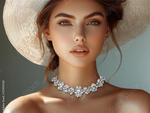 a luxurious woman in a hat showcasing shimmering jewelry necklace of diamonds